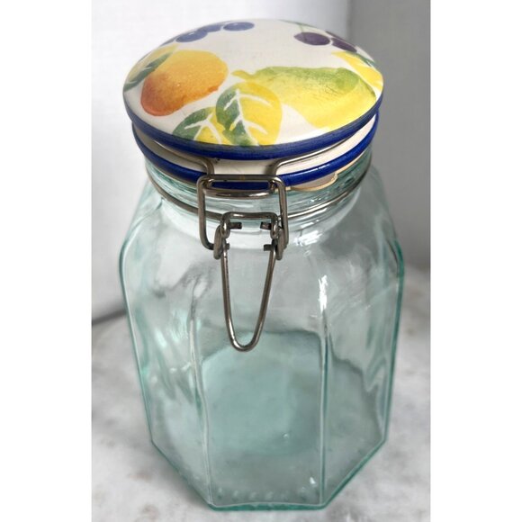 Hexagon Glass Storage Jar Made in Italy Fruit-Patterned Ceramic Hinged Lid - Picture 1 of 9